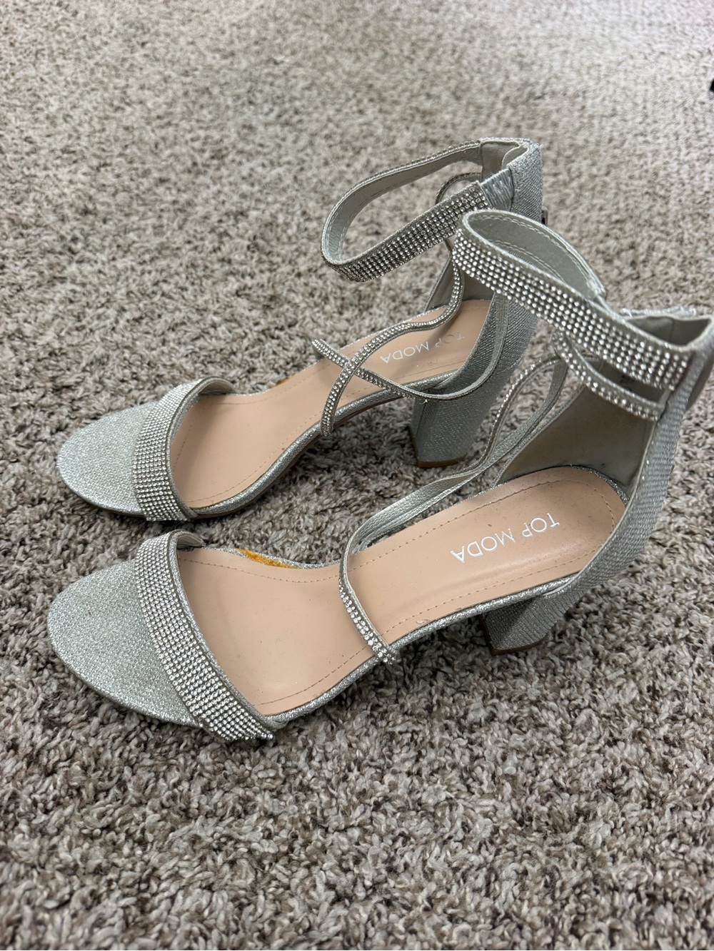 TOP Moda Silver Rhinestone Block Heel Sandals with Ankle Strap